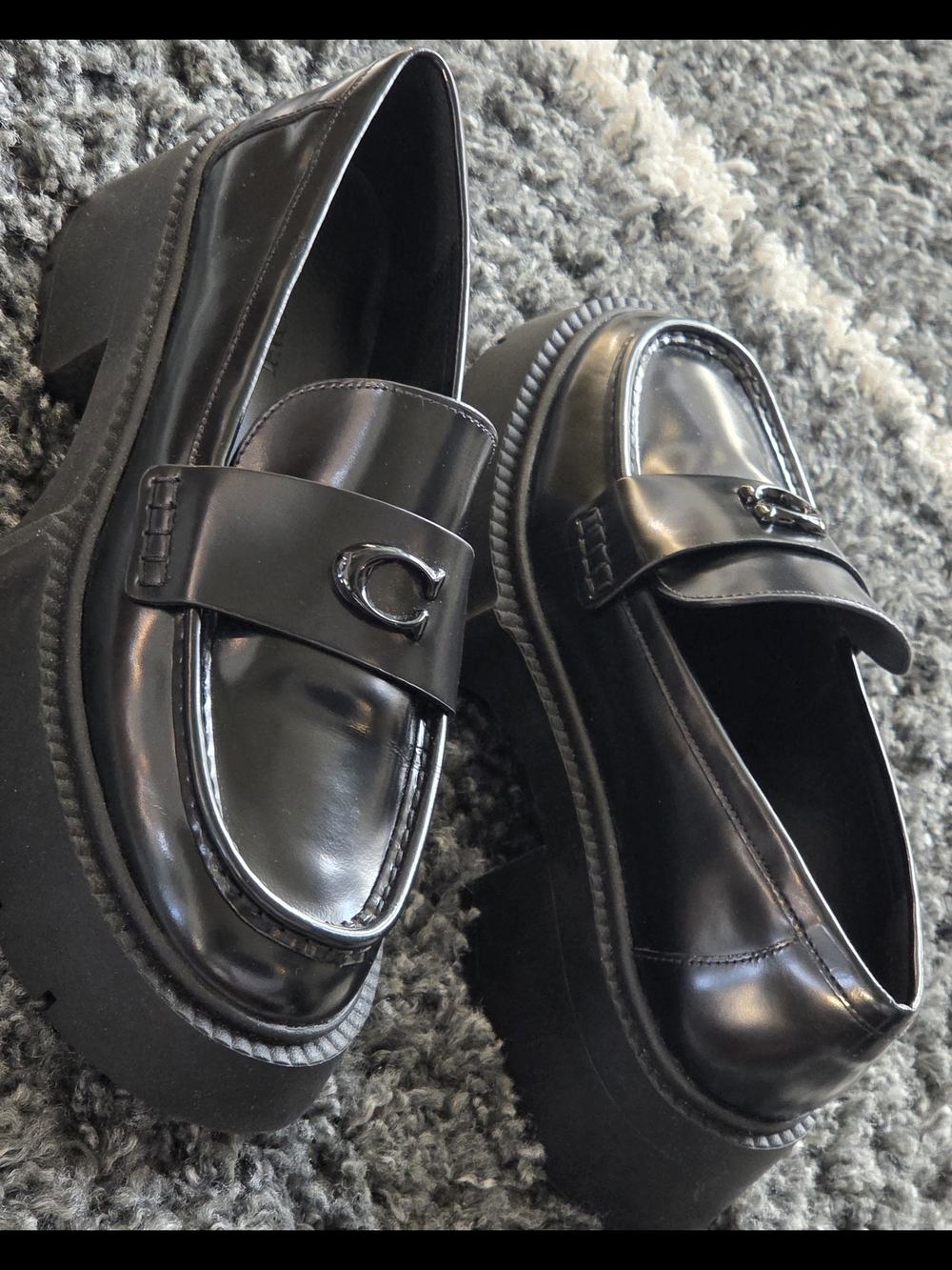 COACH Black Leah Platform Loafer Leather Upper Memory Foam Padding Women US 8.5B